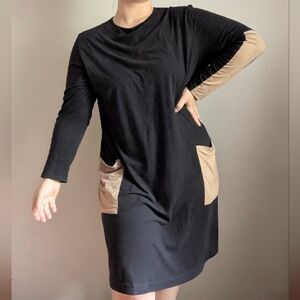 Y2K Suede Black & Tan Elbow Patch Pocket Colorblock Dress